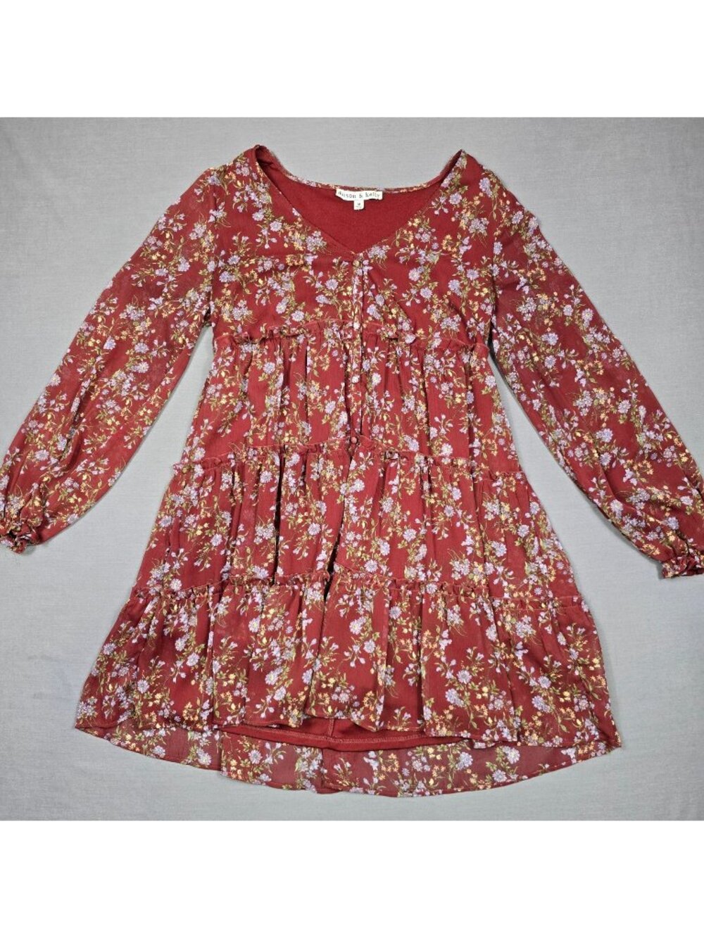 Allison & Kelly M Dress Floral Print Burgundy Tiered Peasant Boho